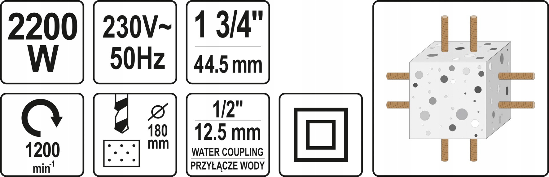 WIERTNICA DIAMENTOWA OTWORNICA STATY YATO YT-81980 Waga produktu z opakowaniem jednostkowym 14 kg