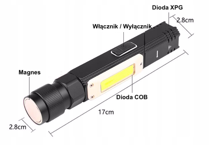 

Latarka Kątowa Akumulator Magnes Usb Cob XML Led