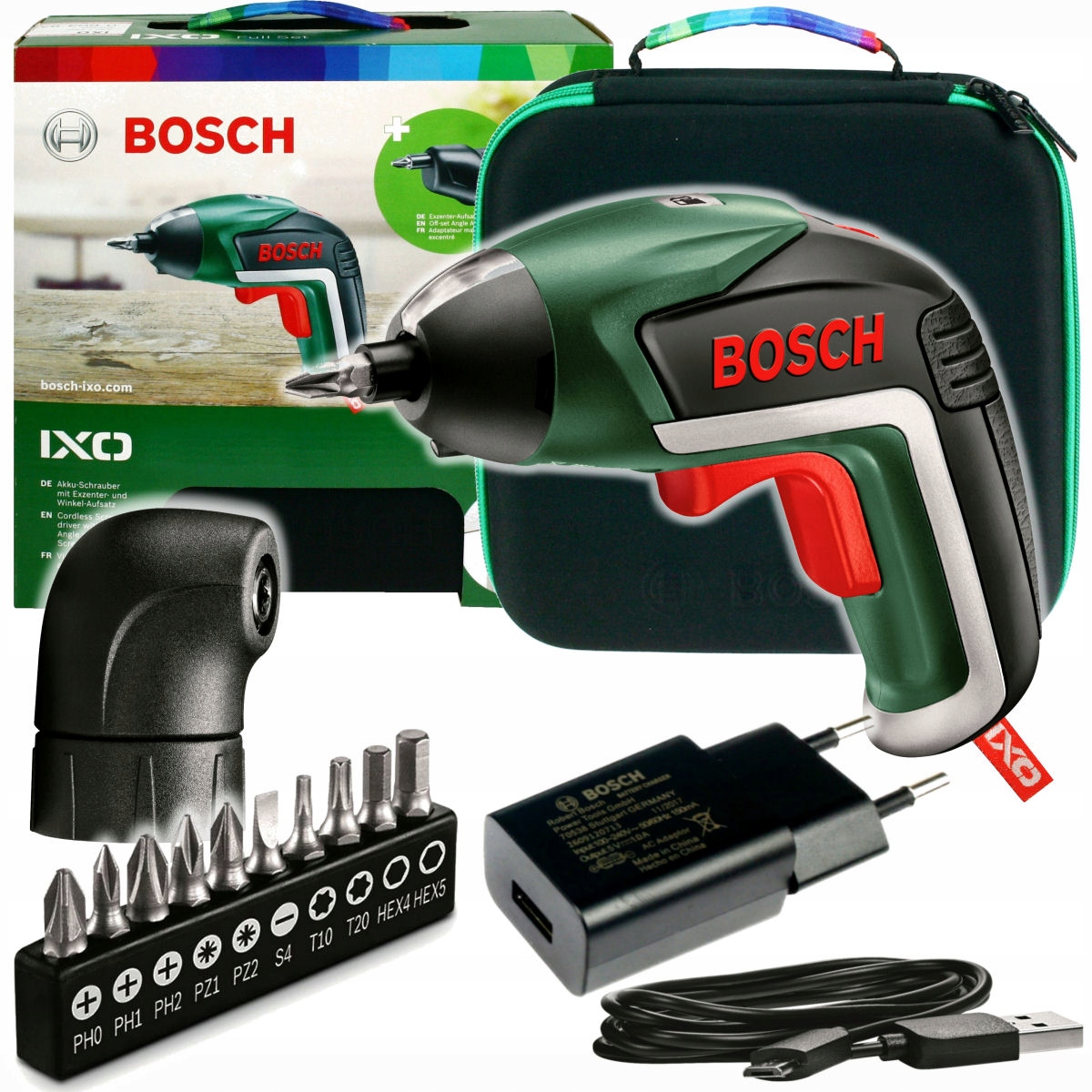 ШУРУПОВЕРТ IXO 5 BOSCH + 10 БИТ + АДАПТЕР УГЛОВОЙ