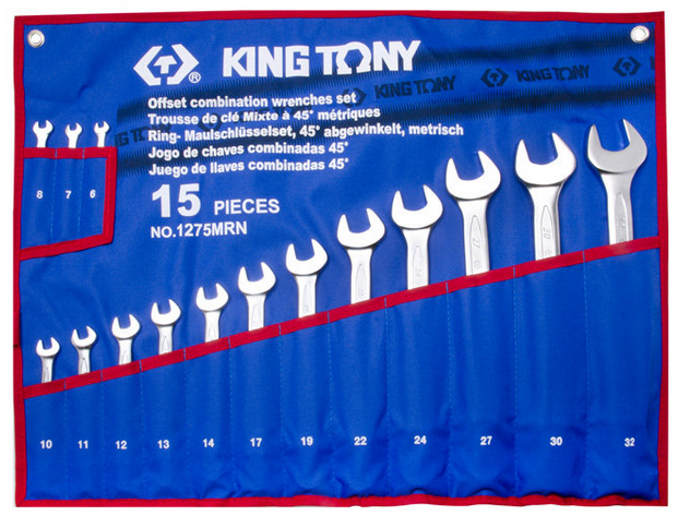 Očkoploché kľúče Ohnuté 6-32 mm 15ks Silné Puzdro King Tony 1275MRN