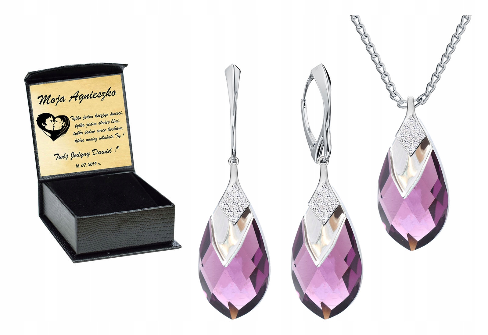 

Cudowny Zestaw Prezent Swarovski Srebro 925 Grawer