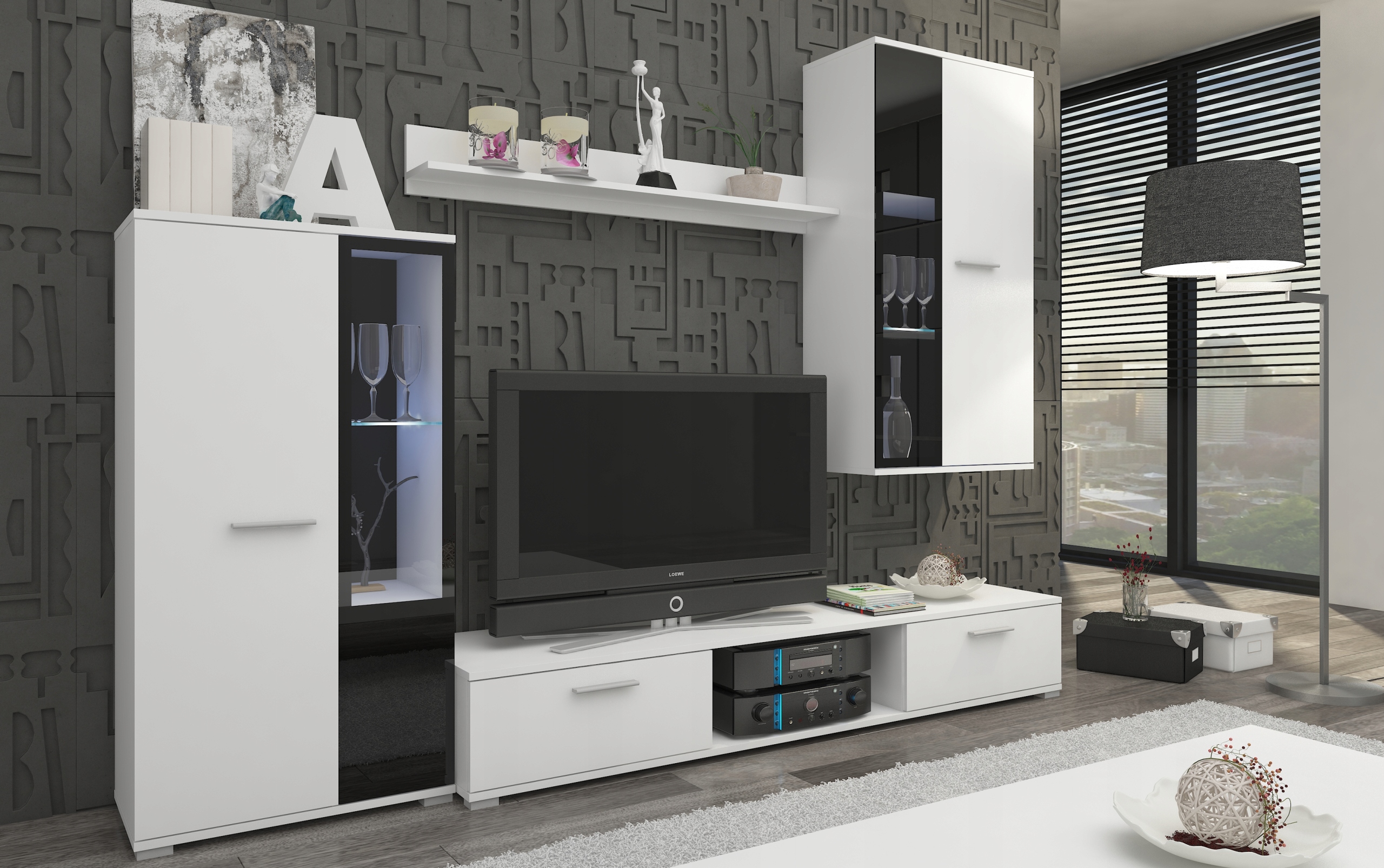 Nábytková Stěna do obývacího pokoje – komoda a Led – bílá barva a další.