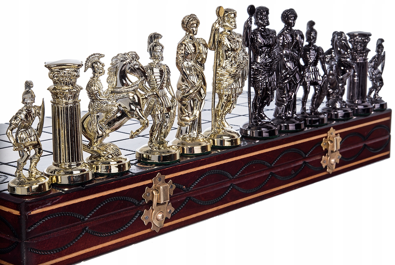 SZACHY RZYMSKIE DREWNIANE ZŁOTO-CZARNE DUŻE 42cm Stan opakowania oryginalne