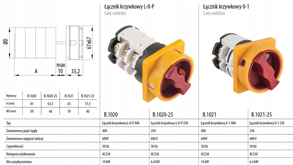 ŁĄCZNIK KRZYWKOWY TABLICOWY 40A ŁUK 0-1 B.1021 EAN (GTIN) 5901350803943