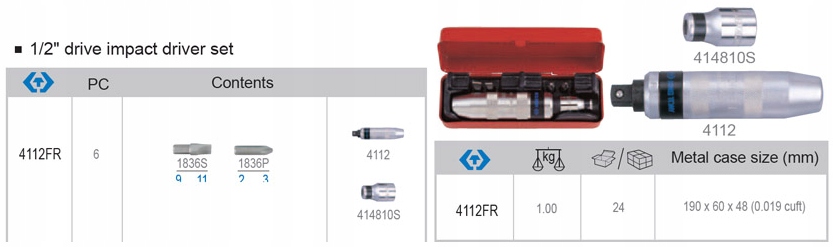 Ударная отвертка с битами 5/16 6CZ KING TONY 4112FR