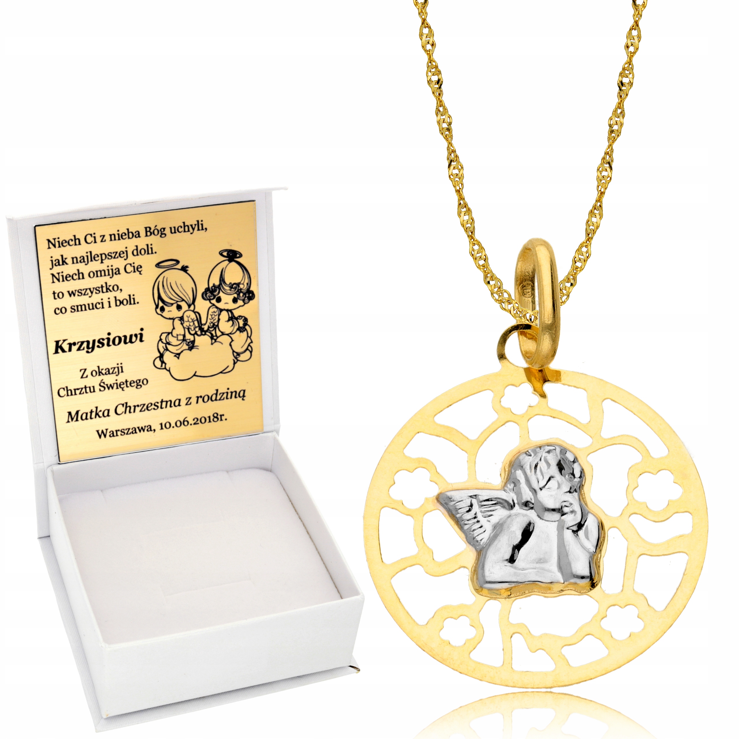 Złoty Łańcuszek 333 Medalik Aniołek Chrzest Komunia Grawer
