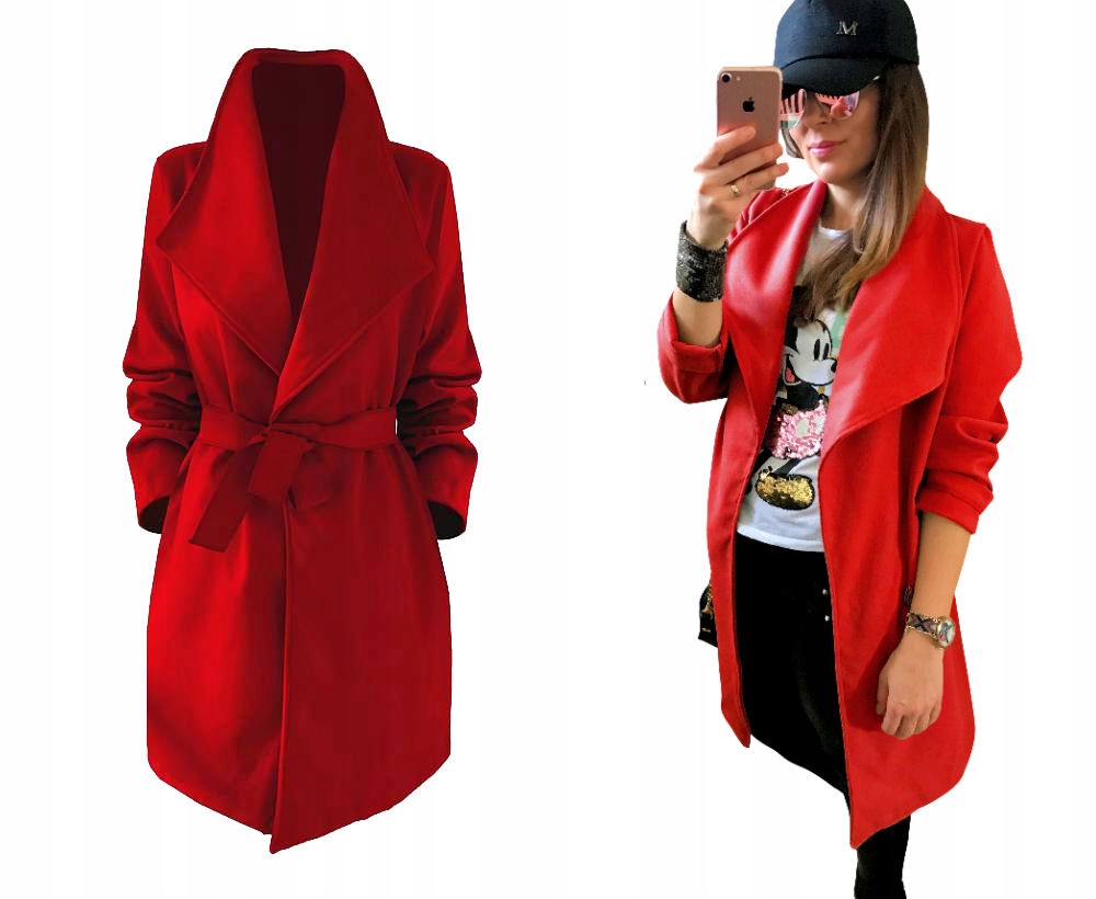 PŁASZCZ blogger KLASYCZNY klapy pasek CZERWONY Rękaw długi rękaw