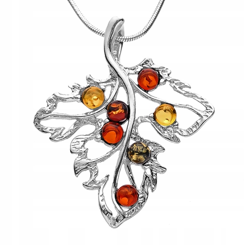 ZAWIESZKA wisiorek z BURSZTYNAMI listek liść srebro925 ŁAŃCUSZEK na prezent