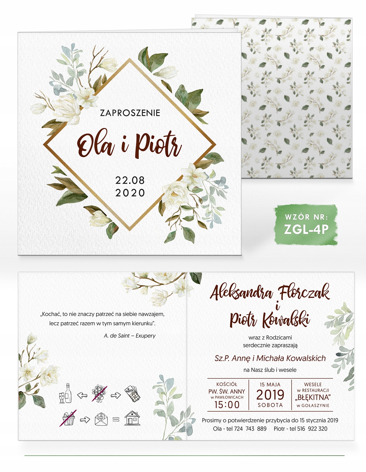 Zaproszenia ślubne PERŁOWY PAPIER KWIATY MAGNOLII Zdobienie brak