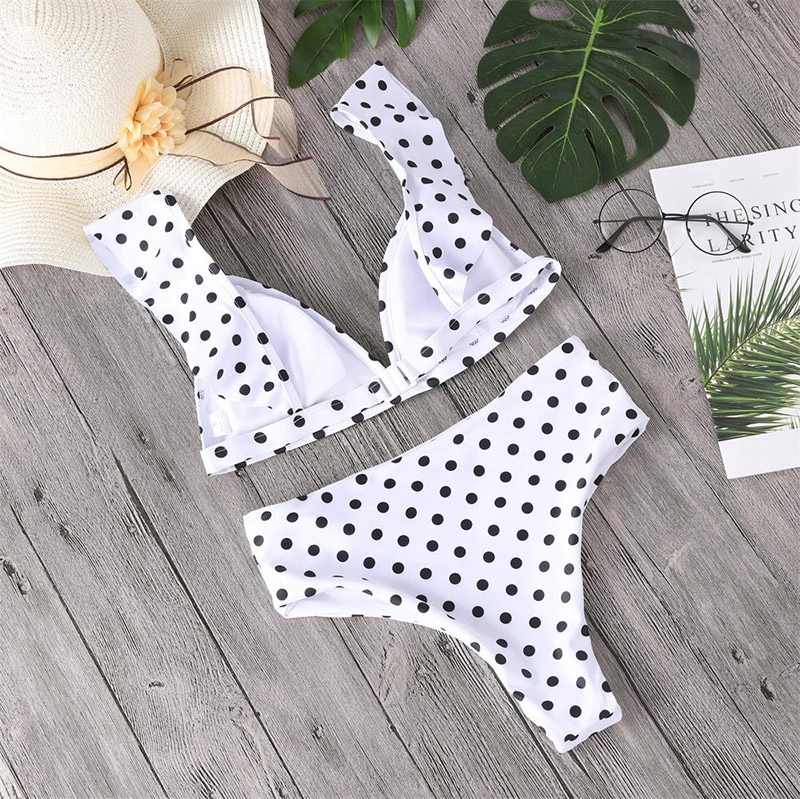 BIKINI WYSOKI STAN DWUCZĘŚCIOWY STRÓJ KĄPIELOWY W KROPKI KOSTIUM BOHO L Model Nohea