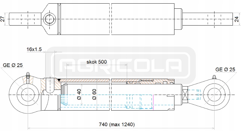 SIŁOWNIK CYLINDER HYDRAULICZNY DO TURA ŁADOWACZA 1STR 40/500 SKOK 500 L:740 Producent części Hydrolider
