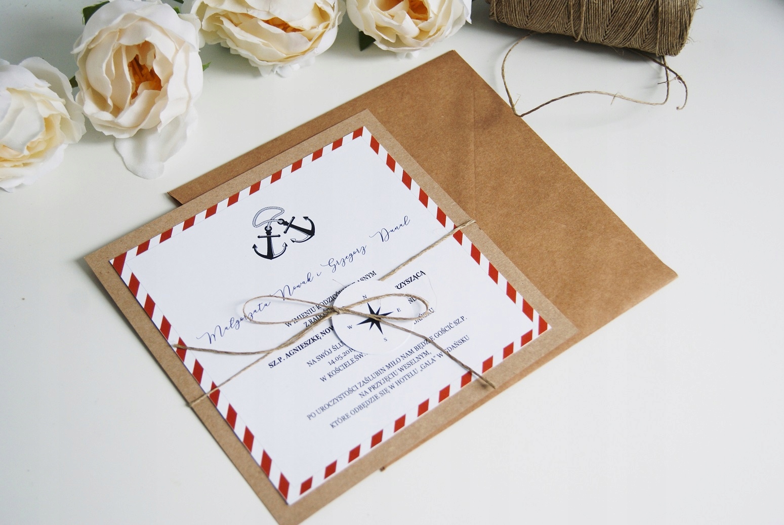 ZAPROSZENIA ŚLUBNE MARYNARSKIE ŻEGLARSKIE WZORY Zdobienie sznurek