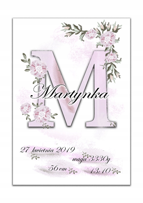 

1 szt Plakat metryczka imię kwiaty naklejki a3