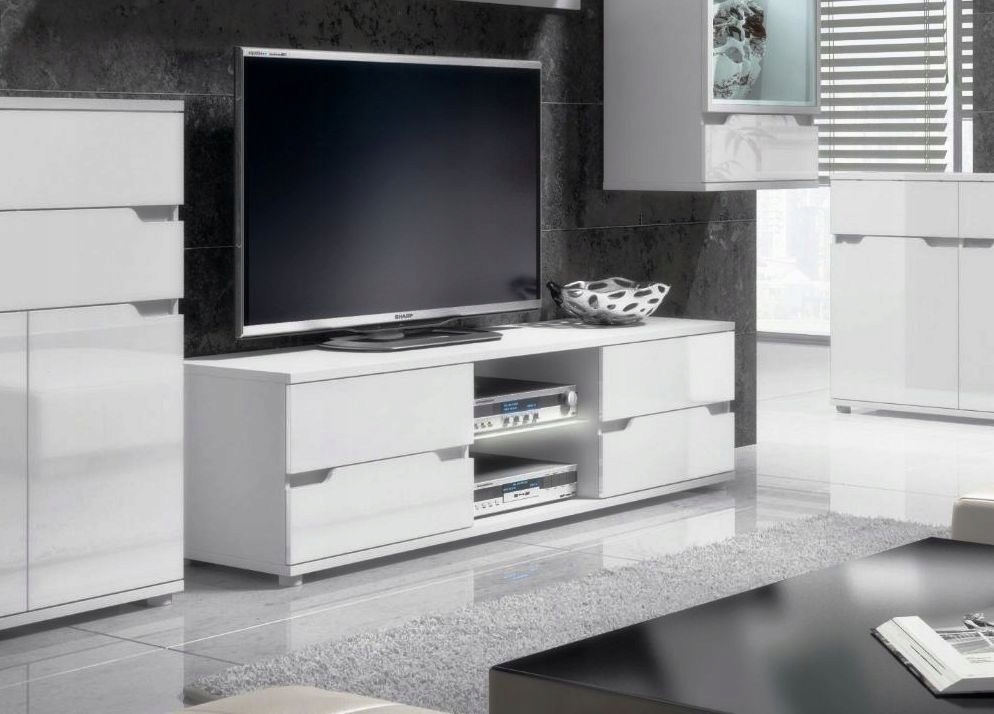 Alaska Szafka RTV stolik pod tv biały wysoki połysk +LED Głębokość mebla 42 cm