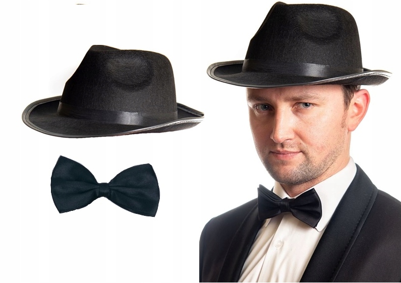 ZESTAW Kapelusz Gangstera Czarna Muszka Lata 20'