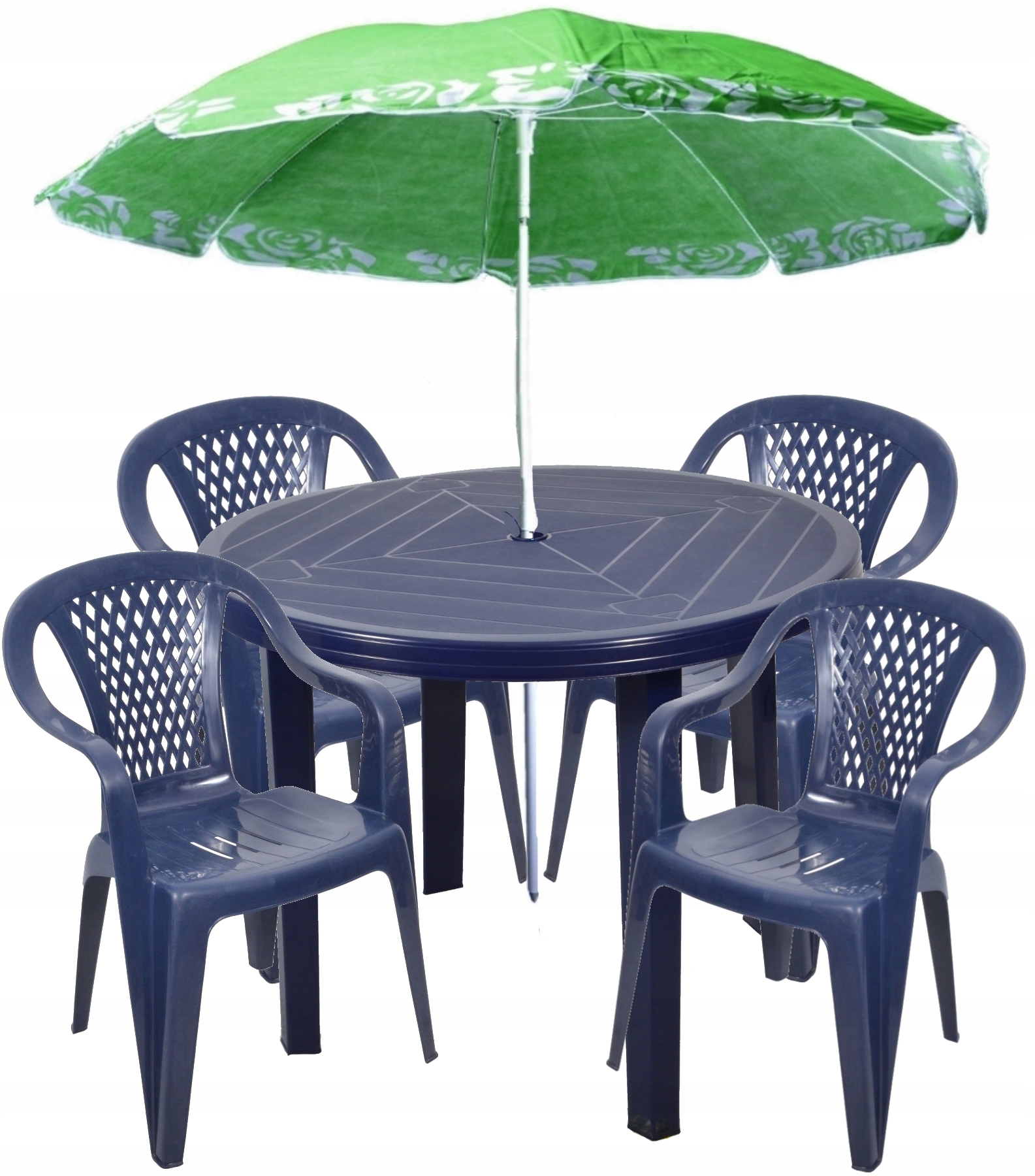 ZESTAW 4+1 KRZESŁA STÓŁ +PARASOL PLASTIK GRANATOWY