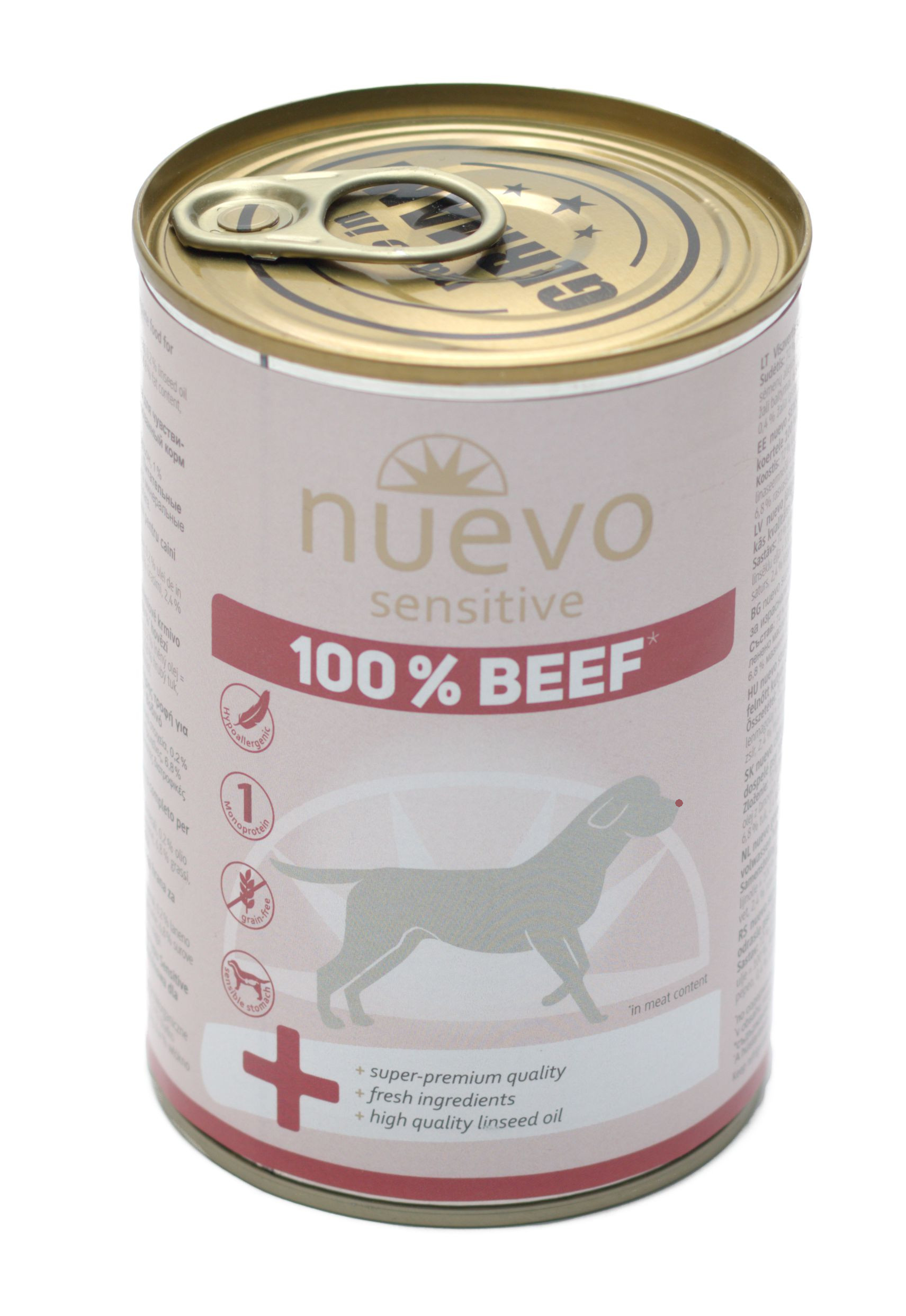 Levně Nuevo Superprémiová konzerva Sensitive pro dospělé psy 100% hovězí maso 400 g