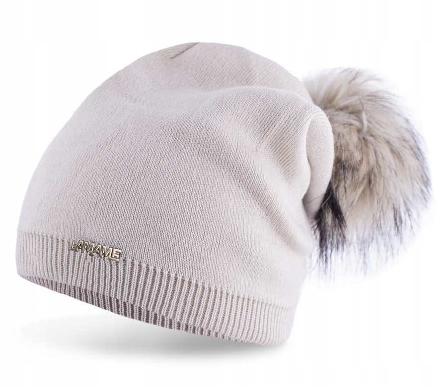 

Ciepła Czapka beanie krasnal z pomponem Beżowy P1