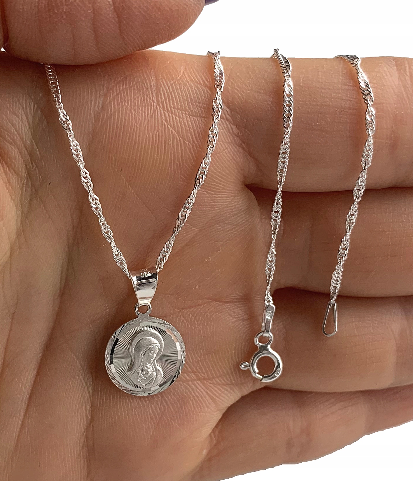 SREBRNY ŁAŃCUSZEK I MEDALIK MATKA BOSKA KOMUNIA CHRZEST BIERZMOWANIE 50cm Długość całkowita 50 cm
