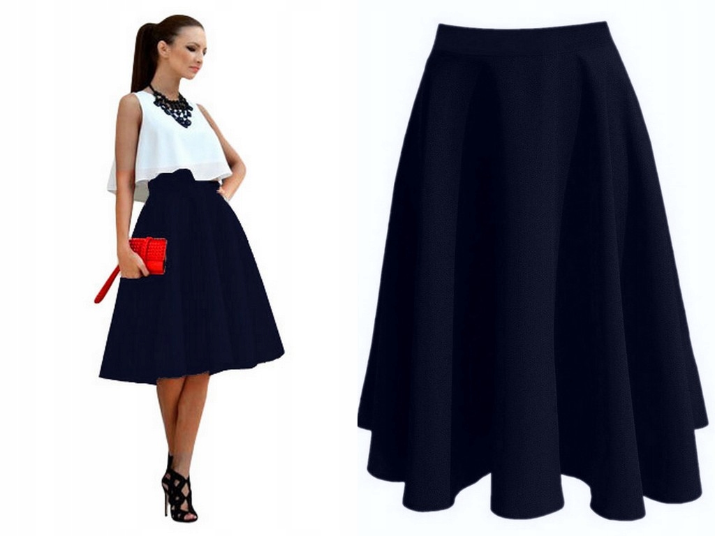 SPÓDNICA GRANATOWA z KOŁA MIDI ROZKLOSZOWANA 38 M