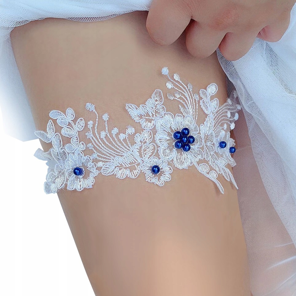 

Podwiązka Ślubna biała z szafirowymi perłami