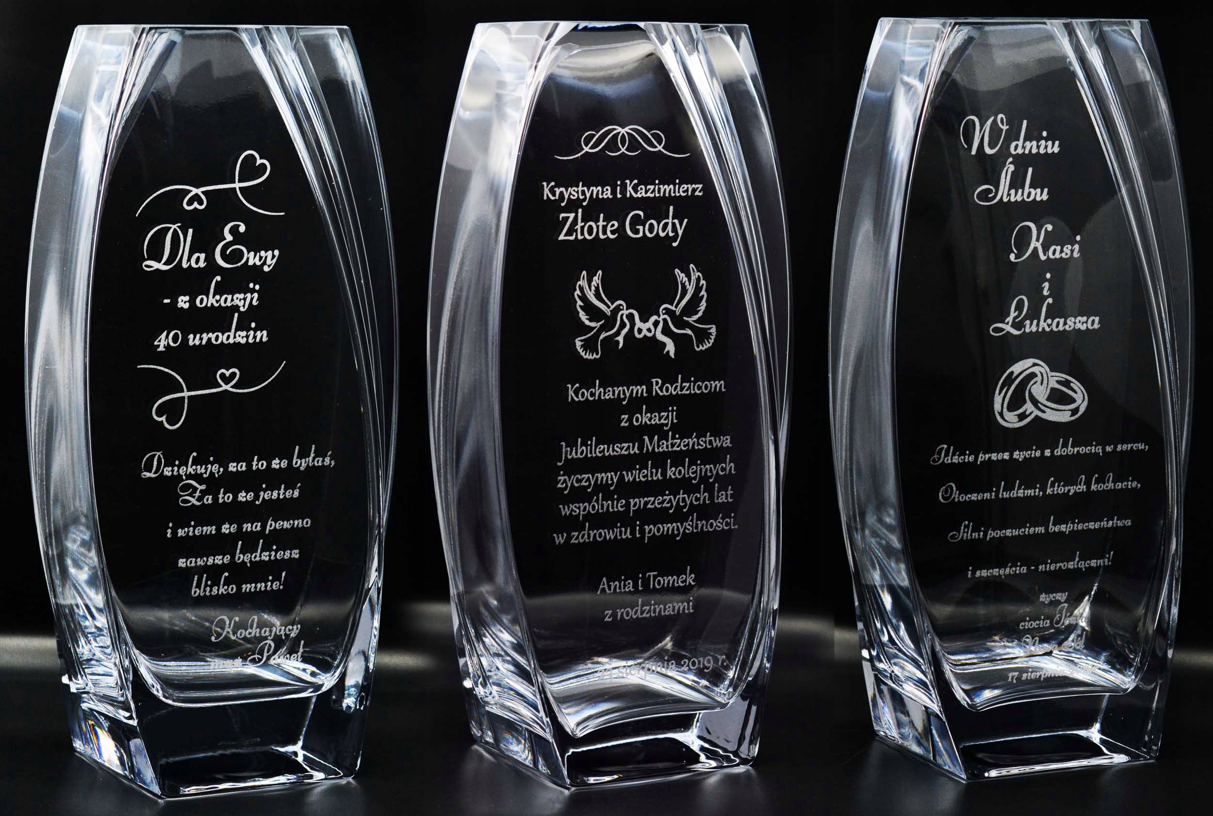 Wazon z GRAWEREM 32cm URODZINY JUBILEUSZ Rocznica ŚLUB Parapetówka Kolor przezroczysty