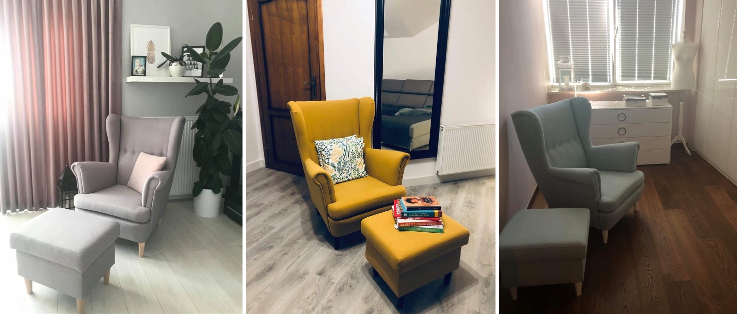 Fotel USZAK z podnóżkiem WELUR PLAMOODPORNY Głębokość mebla 91 cm