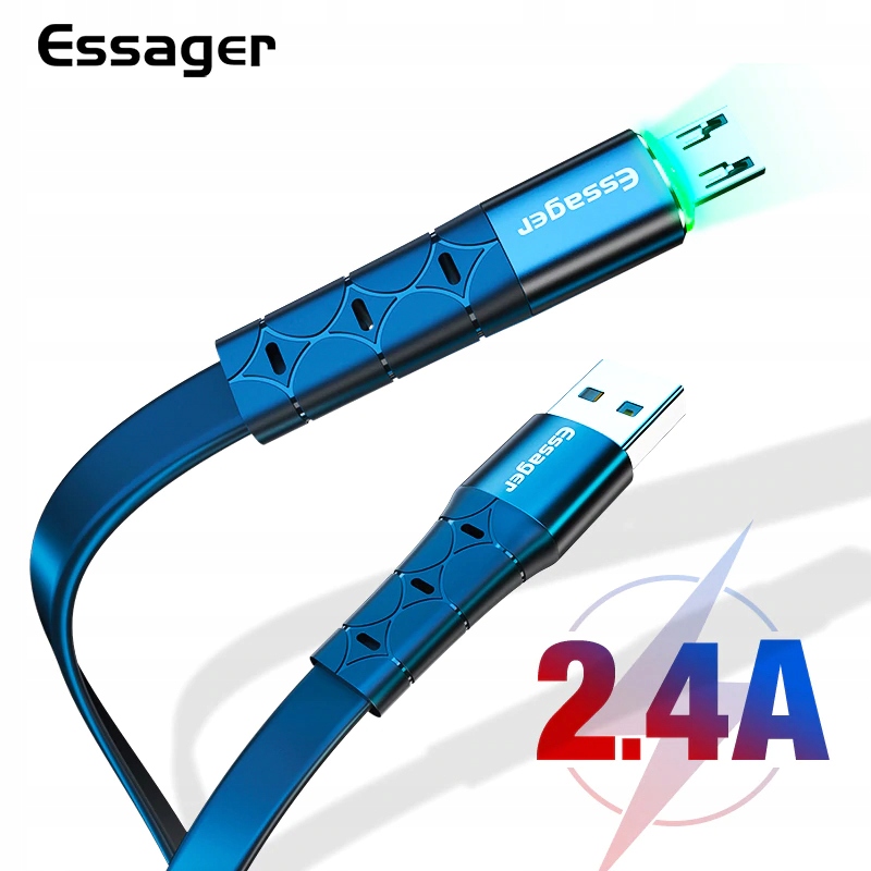PŁASKI Kabel USB 2.4 A MICRO USB QC 3.0 1m LED Kolor czarny