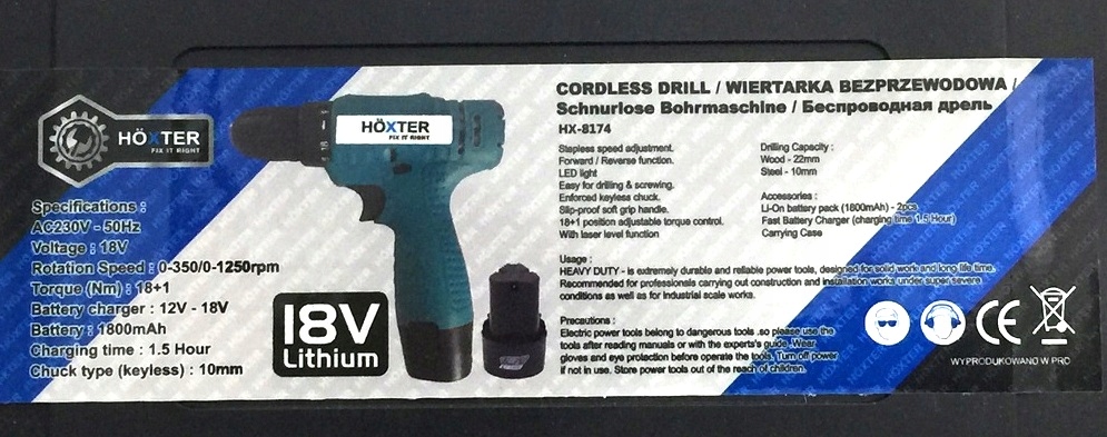 WIERTARKA WKRĘTARKA 18V 2xAkumulatory [8174] Pojemność akumulatora 250 Ah