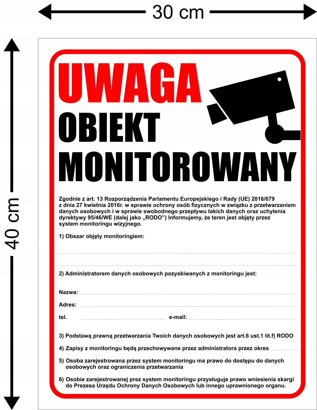 TABLICA MONITORING RODO OBIEKT MONITOROWANY 40x30 Kod producenta tablica MONITORING RODO