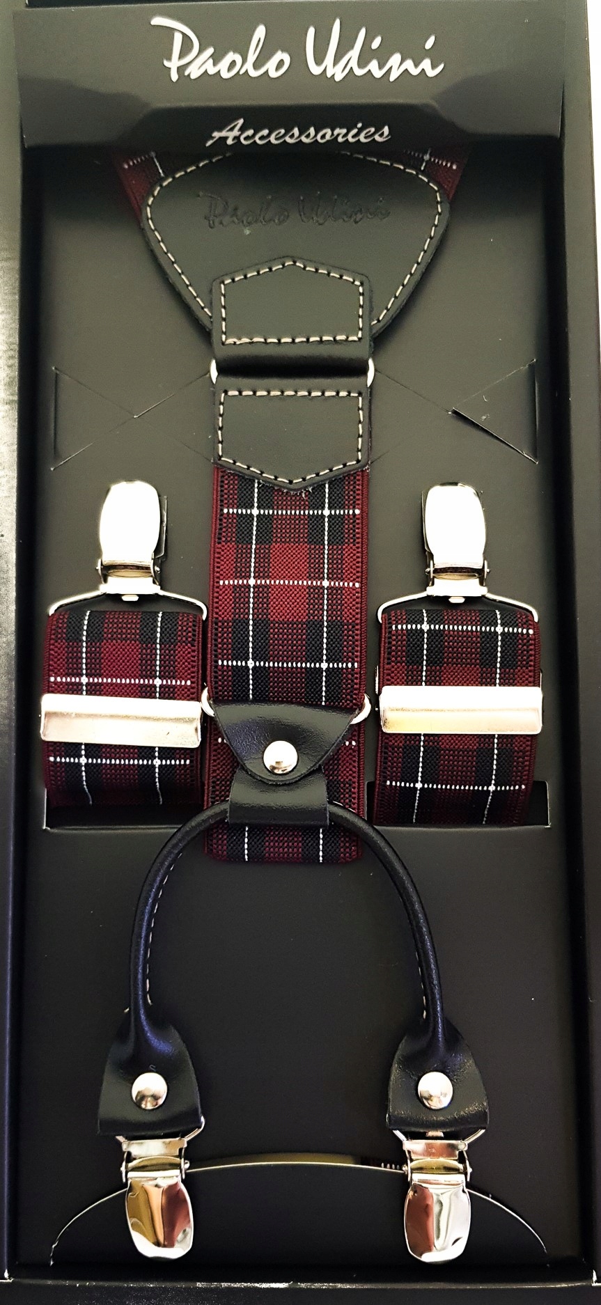 

Bordowo Czarno Biała Kratka Szelki Męskie Skóra