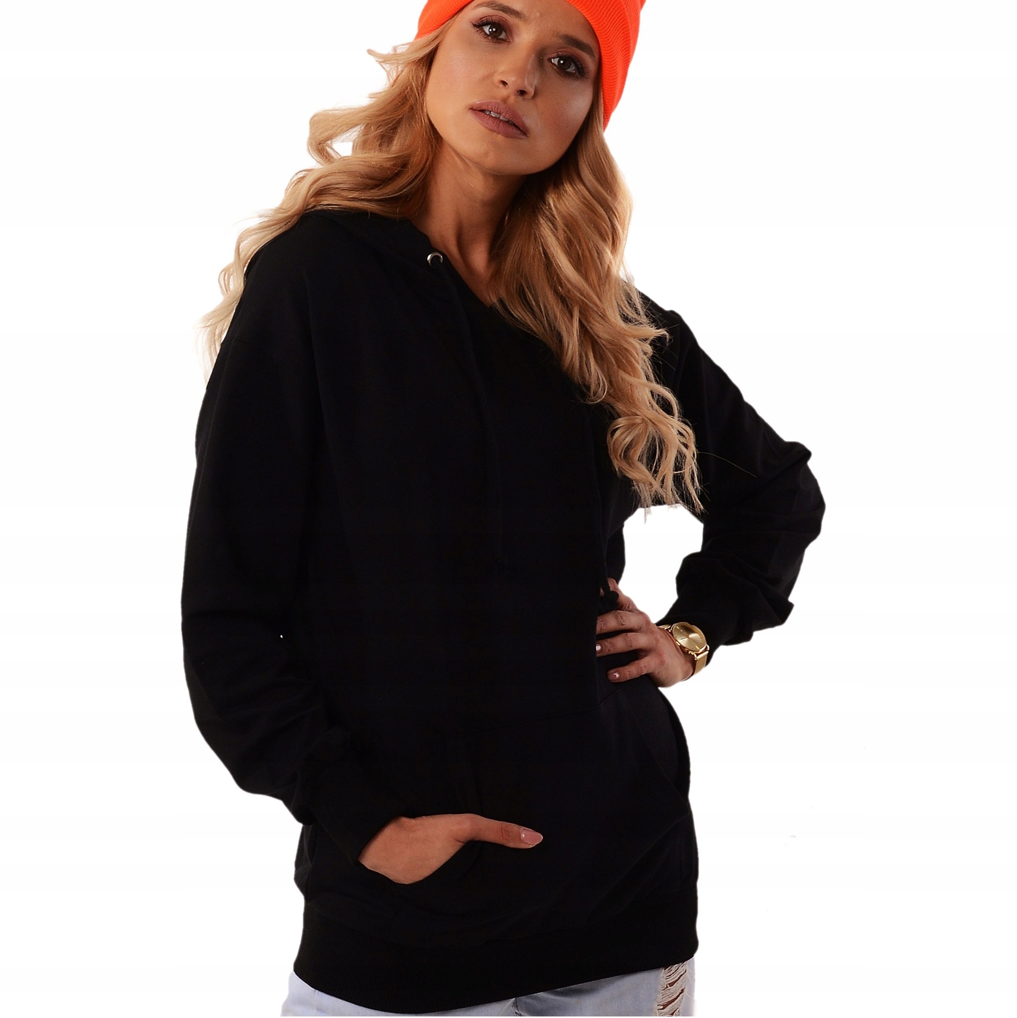 

Luźna damska Bluza z kapturem kieszeń Czarny/Black