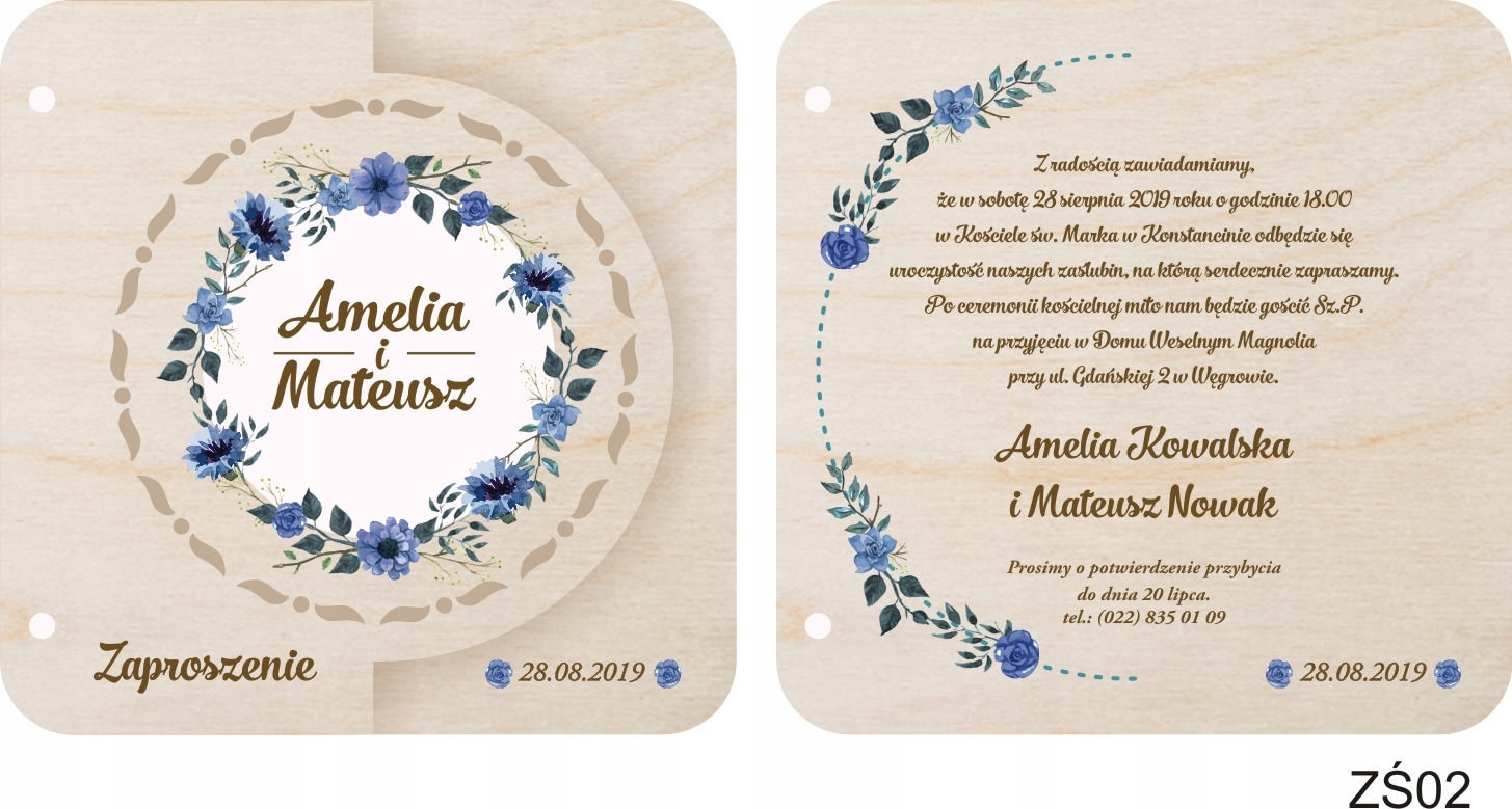 ZAPROSZENIA ZAPROSZENIE na ŚLUB ŚLUBNE DREWNIANE Wykończenie papieru nie dotyczy