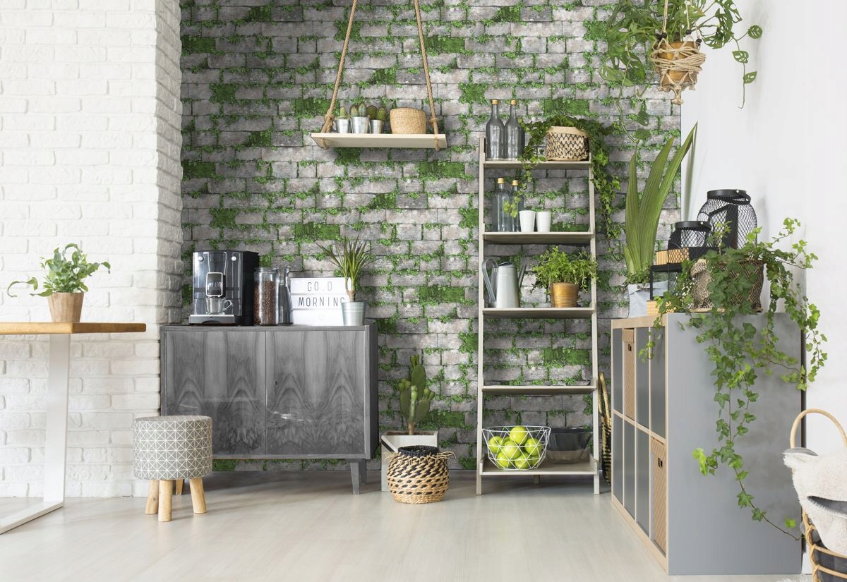 TAPETA WZÓR KAMIEŃ MUR POROŚNIĘTY ROŚLINAMI 3D Marka Ugepa