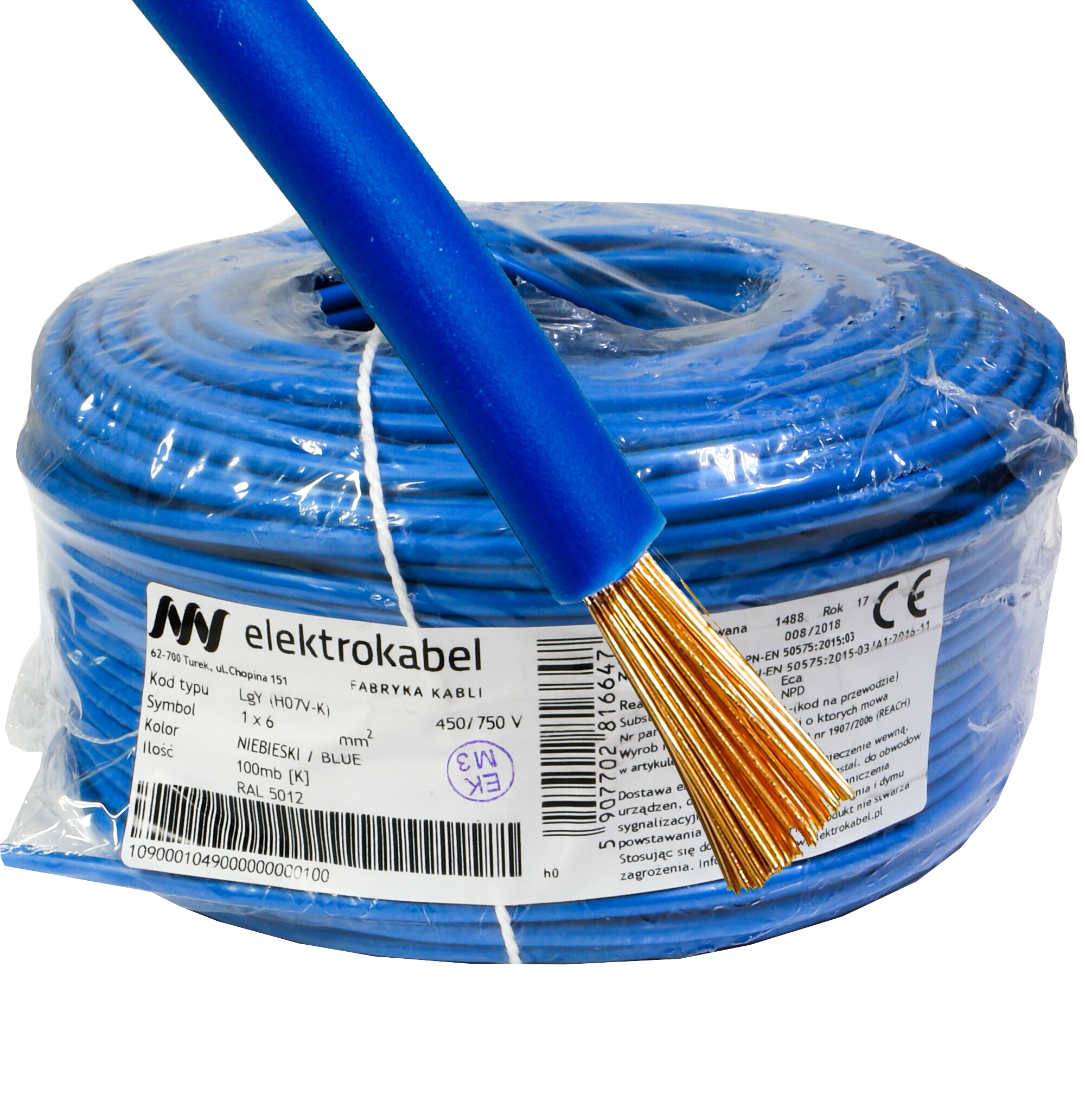 Kábel lankový Lgy 1x 6mm modrý Elektrokabel 750V 100m