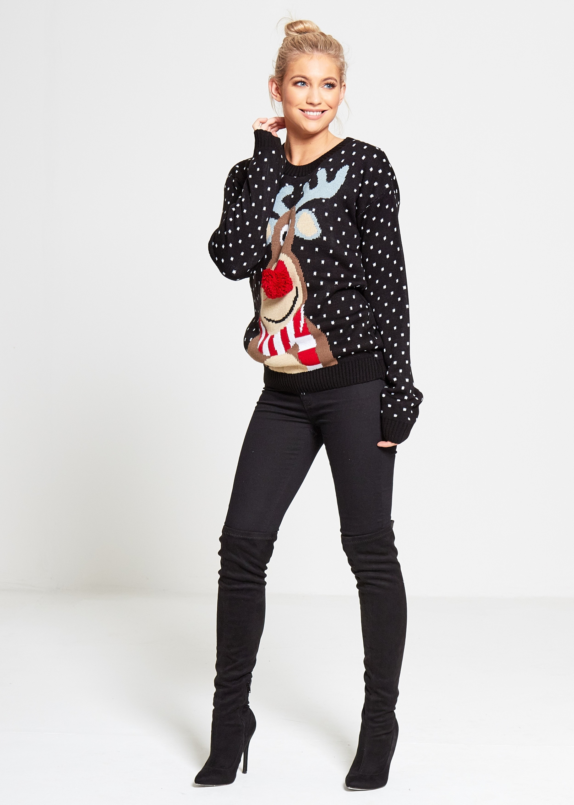 CZARNY SWETER ŚWIĄTECZNY Z RENIFEREM NOS 3D M/L Marka inna