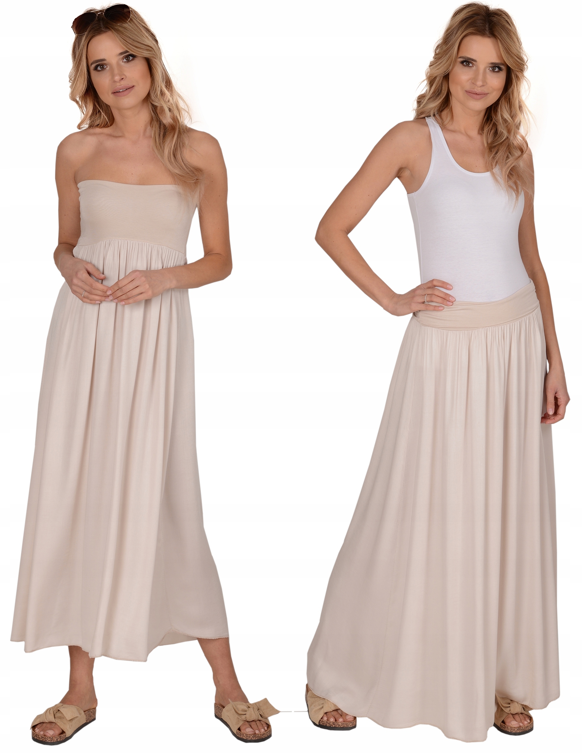 

Modna Letnia długa spódnica 2w1 sukienka --- Beż