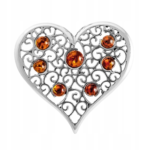 Stříbrná brož Srdce s originálním přírodním baltský jantar ze stříbra 925