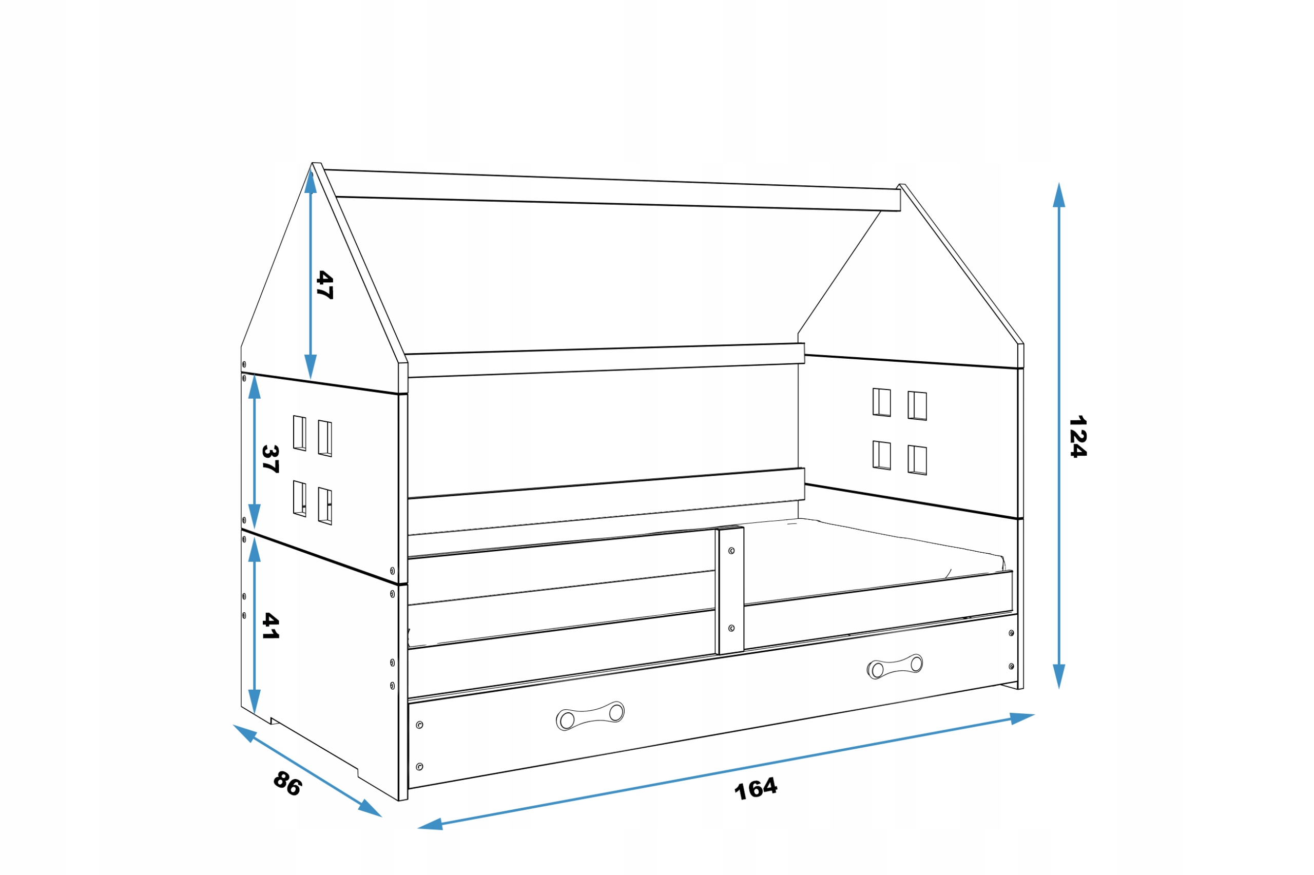 Łóżko Domi 160x80 Domek dla jednej osoby + materac Długość 164 cm