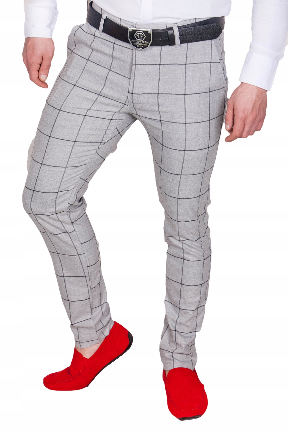 Spodnie męskie chinosy w kratę szare DJ-3 rozm. 32 Kolor szary