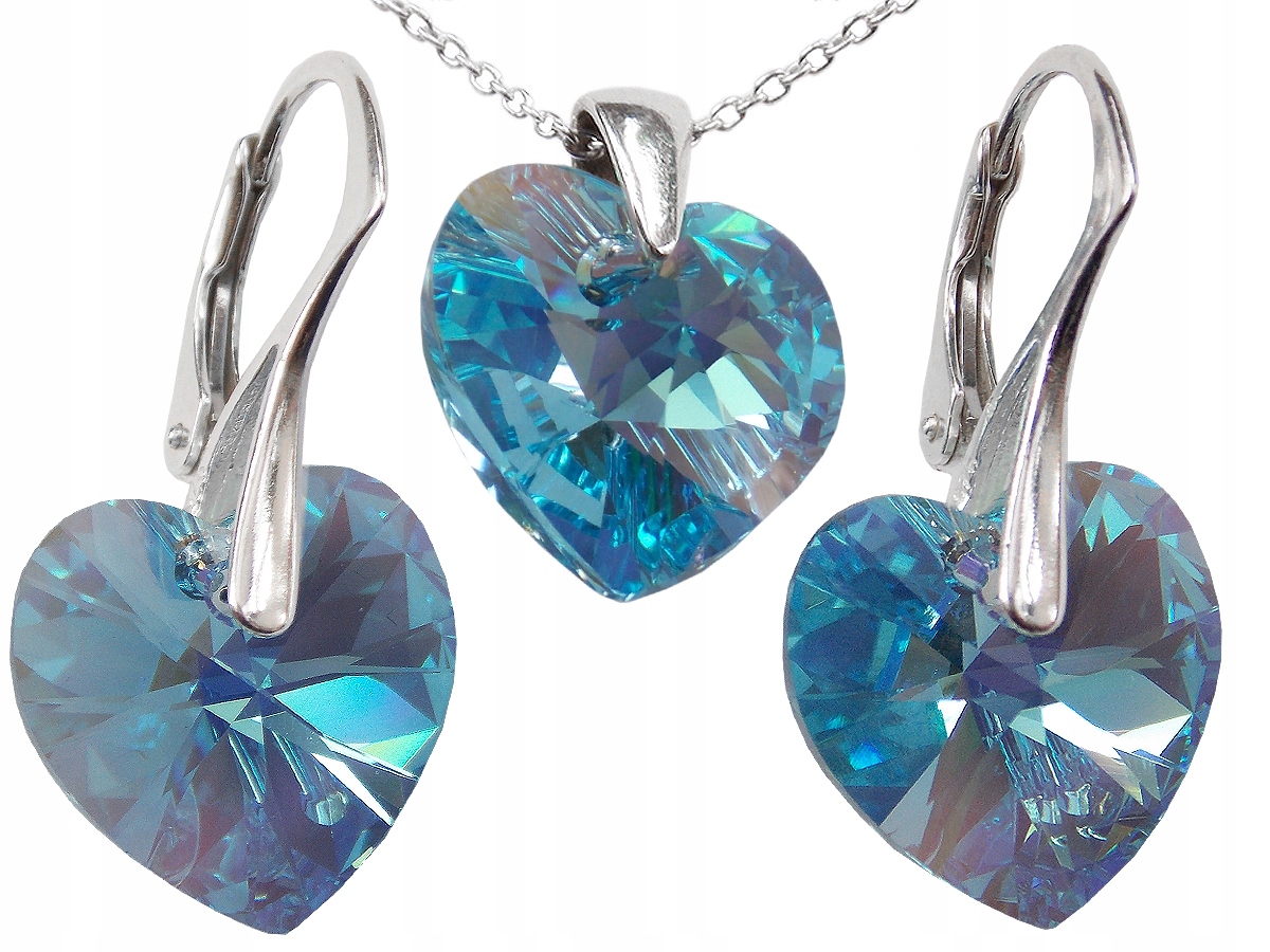 

Komplet Swarovski Serce 14mm Aquamarine Ab