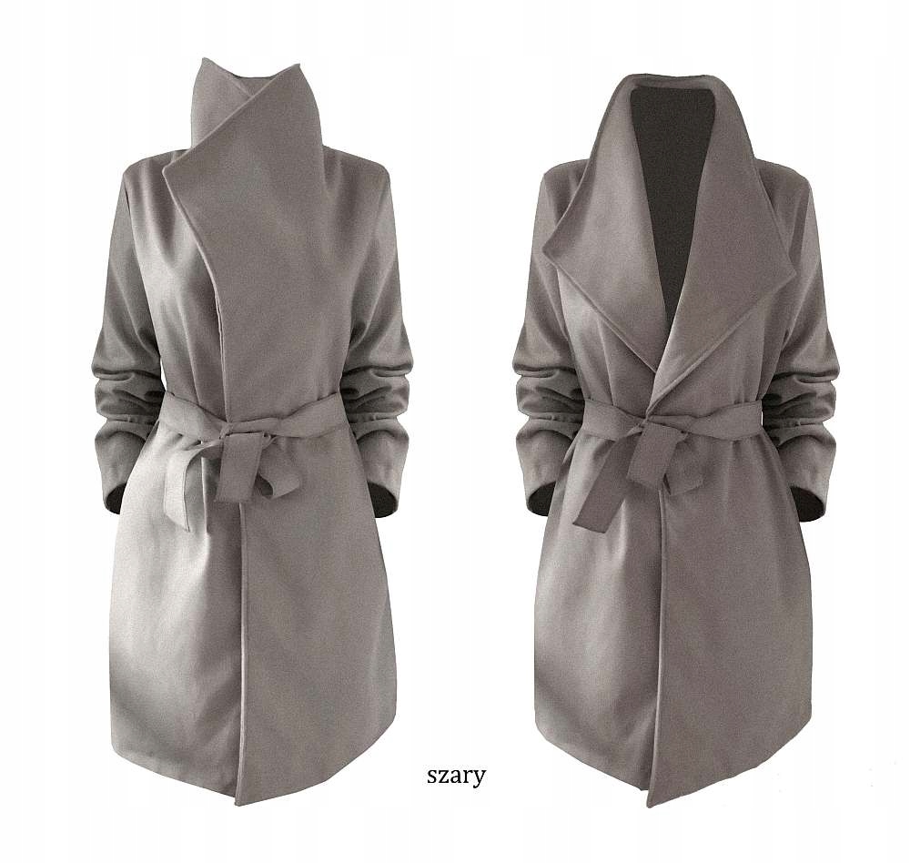 PŁASZCZ blogger KLASYCZNY klapy pasek CZERWONY Długość przed kolana