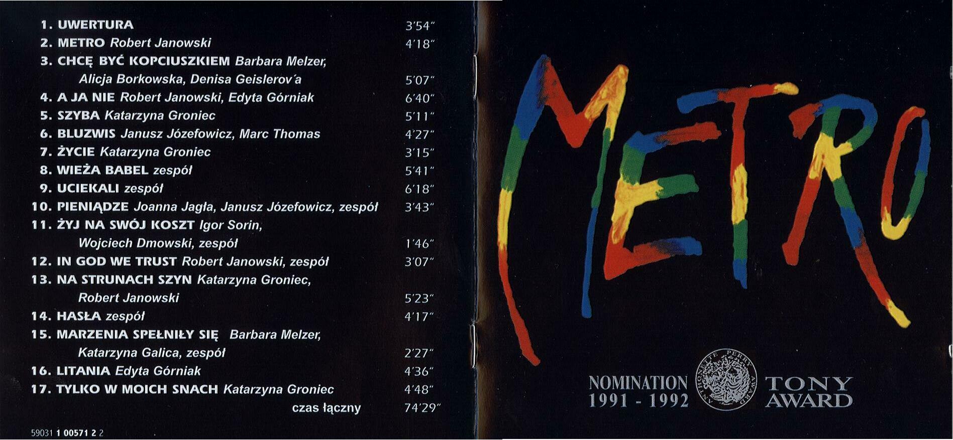 METRO - Musical - E.GÓRNIAK, R.JANOWSKI - UNIKAT M Tytuł Metro