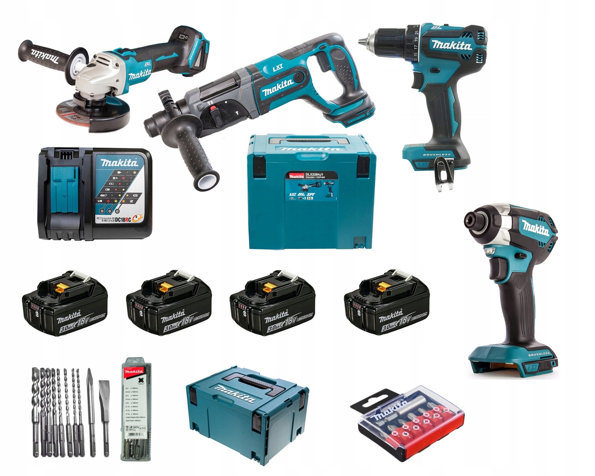 

Makita Zestaw DDF485 DGA504 DHR241 DTD153 18V -24h