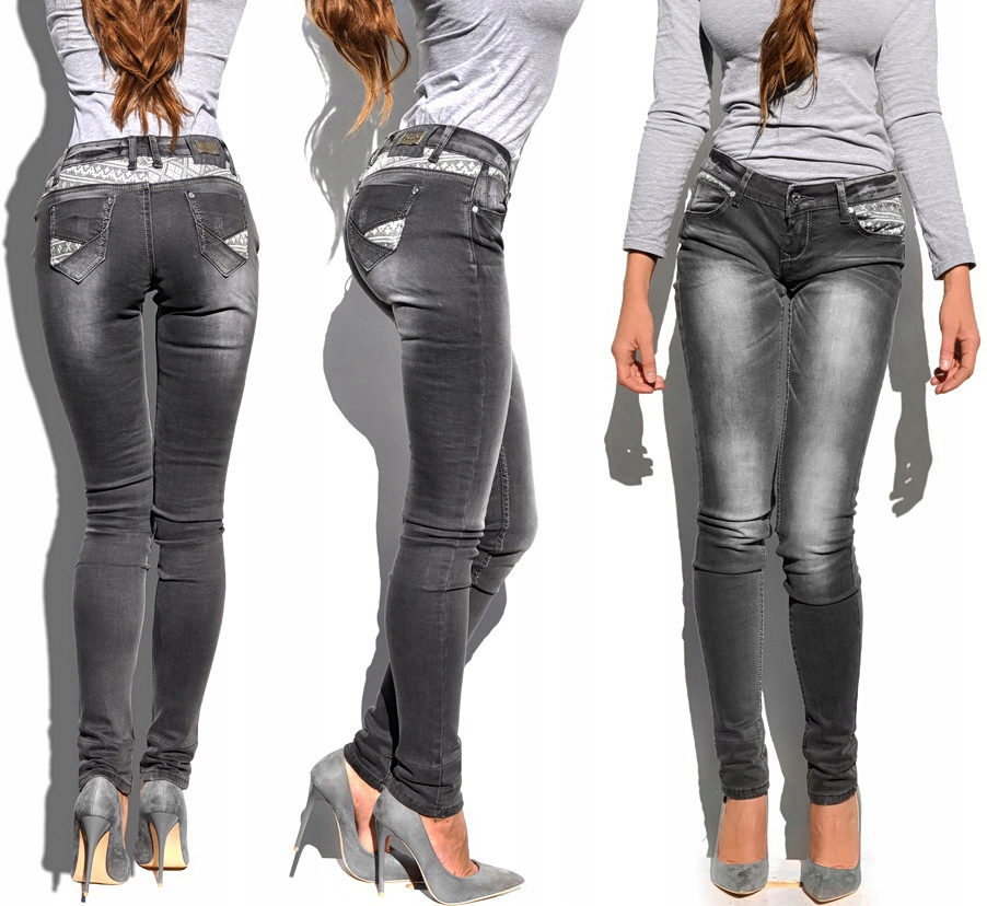 RE421 SPODNIE JEANS SZARE azteckie DŁUGIE S /27