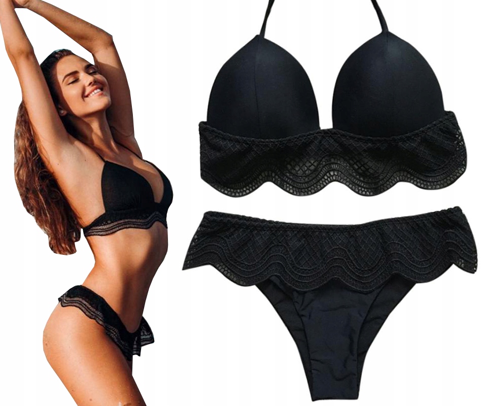 KOSTIUM STRÓJ KĄPIELOWY DWUCZĘŚCIOWY BIKINI KORONKA USZTYWNIANY PUSH UP XS