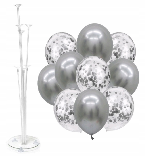 

Balony z konfetti srebrne x10 + stojak do balonów