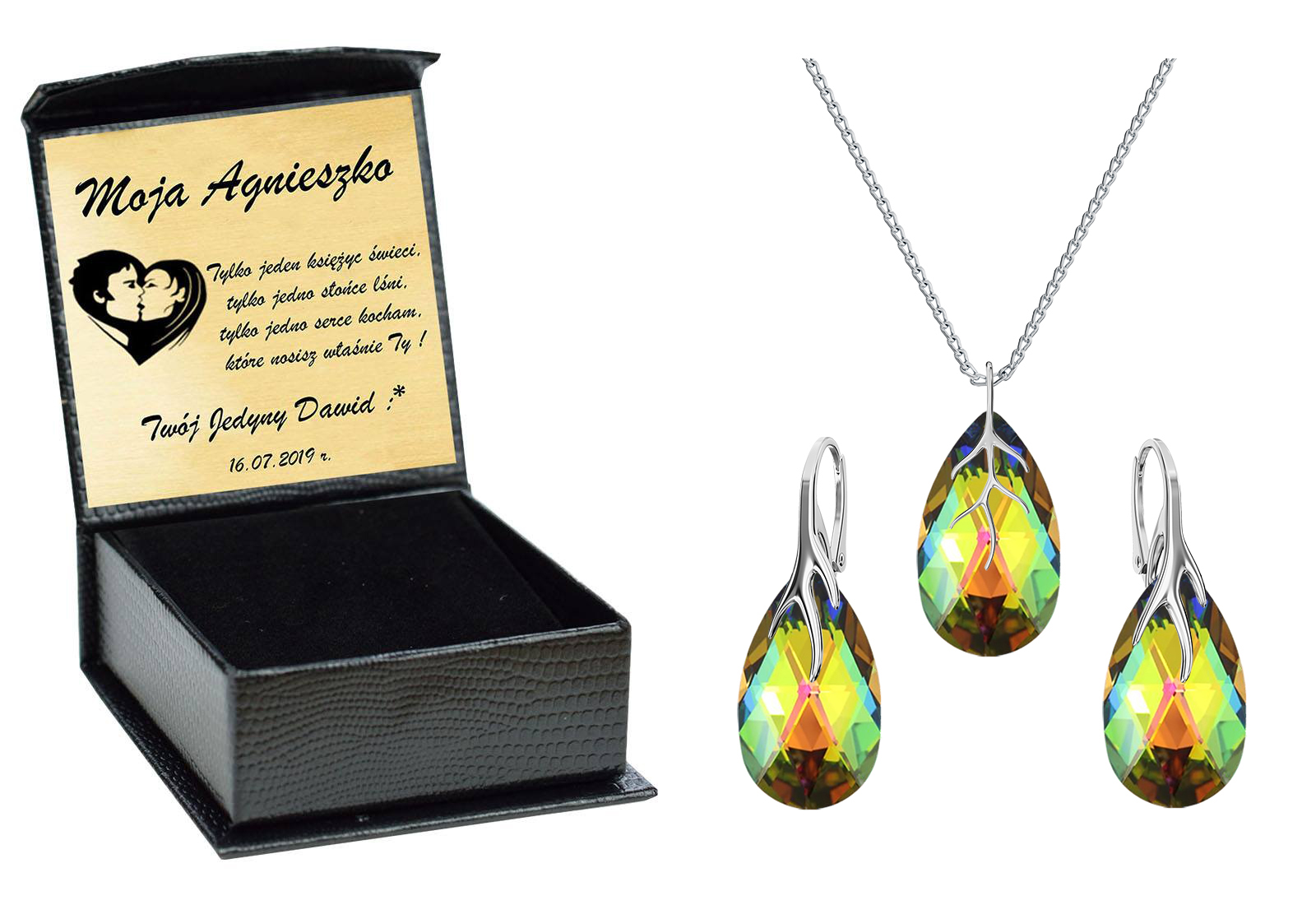 

Almond Drapieżny Srebrny Komplet Swarovski Grawer