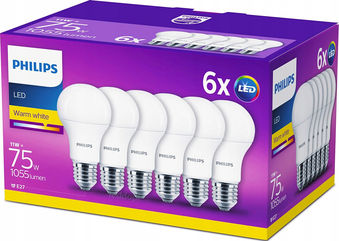 

6x Żarówka Led E27 11W 75W A60 2700K Philips