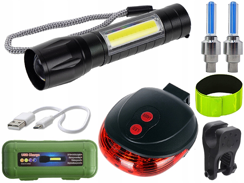 

Latarka Usb Rower Zestaw Przód Tył Cob + Cree